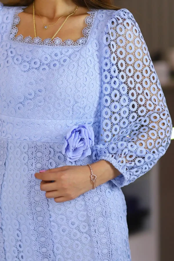 Mavi Midi Boy Uzun Kol Tamamı Fisto Dantelli Abiye A Kesim Etek Isteme Söz Düğün Nikah Elbise