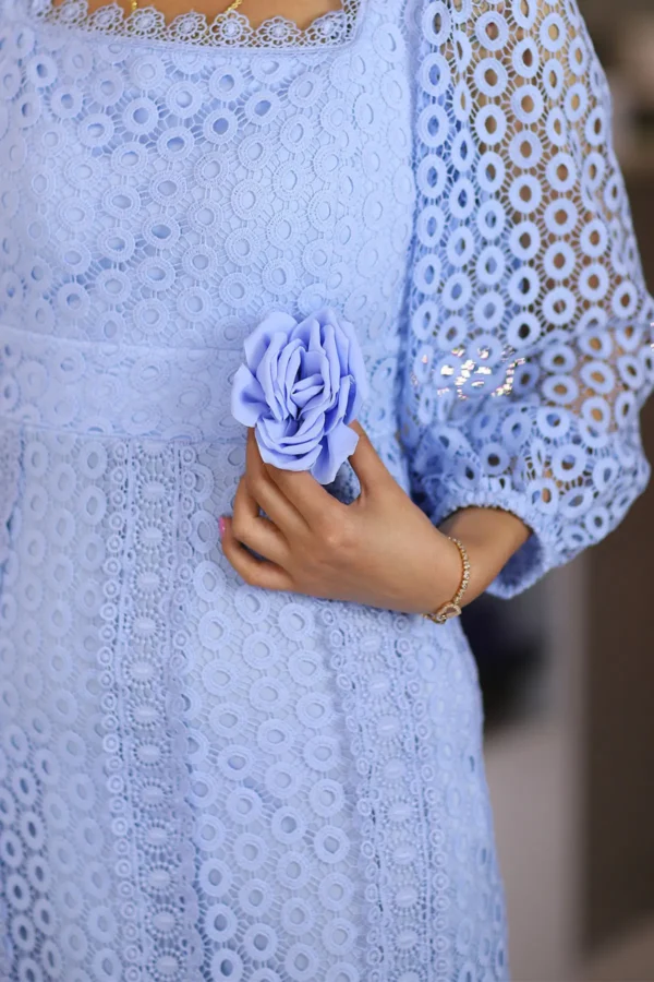 Mavi Midi Boy Uzun Kol Tamamı Fisto Dantelli Abiye A Kesim Etek Isteme Söz Düğün Nikah Elbise