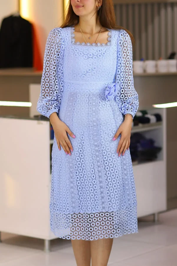 Mavi Midi Boy Uzun Kol Tamamı Fisto Dantelli Abiye A Kesim Etek Isteme Söz Düğün Nikah Elbise