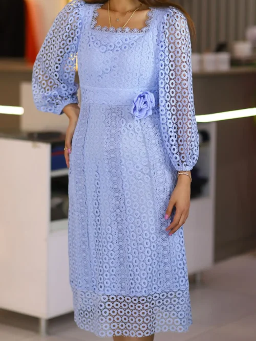 Mavi Midi Boy Uzun Kol Tamamı Fisto Dantelli Abiye A Kesim Etek Isteme Söz Düğün Nikah Elbise