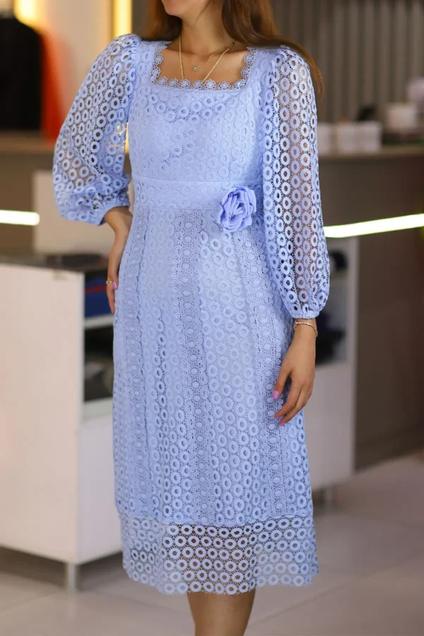 Mavi Midi Boy Uzun Kol Tamamı Fisto Dantelli Abiye A Kesim Etek Isteme Söz Düğün Nikah Elbise