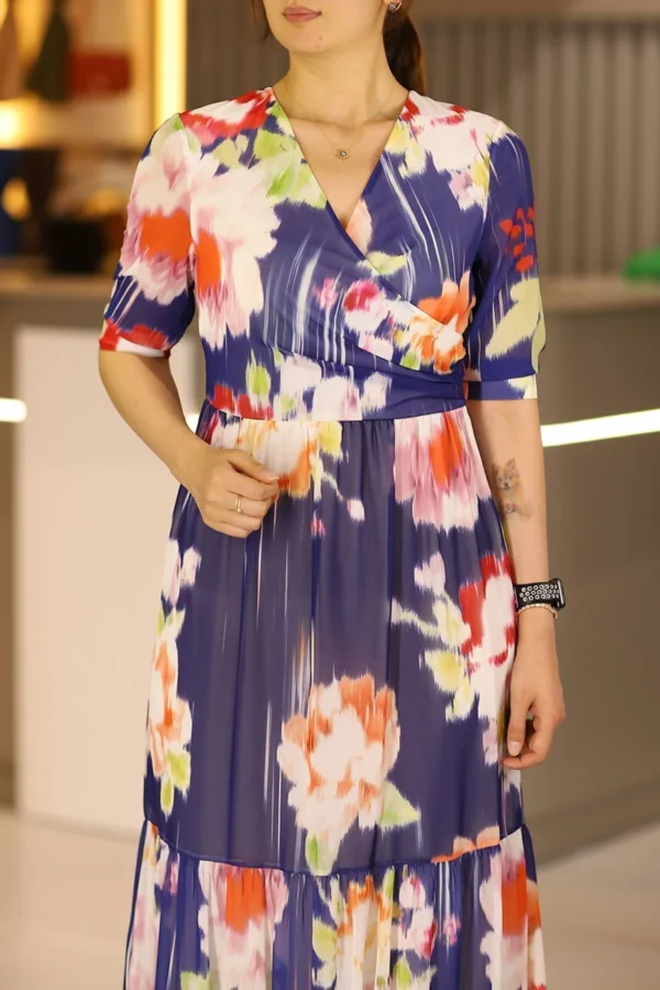 Mavi Uzun Boy Kısa Kol Kruvaze Yaka Şifon Elbise Günlük Gece Ofis Nişan Düğün Kına