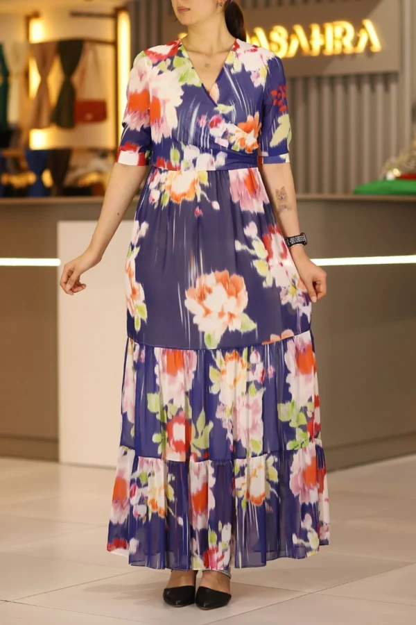 Mavi Uzun Boy Kısa Kol Kruvaze Yaka Şifon Elbise Günlük Gece Ofis Nişan Düğün Kına