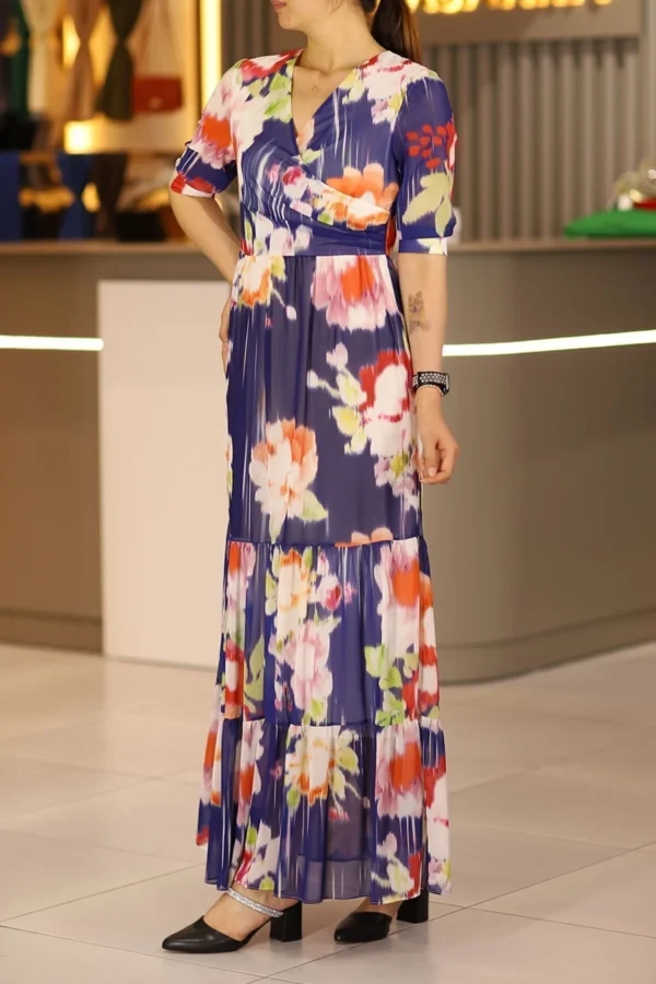 Mavi Uzun Boy Kısa Kol Kruvaze Yaka Şifon Elbise Günlük Gece Ofis Nişan Düğün Kına