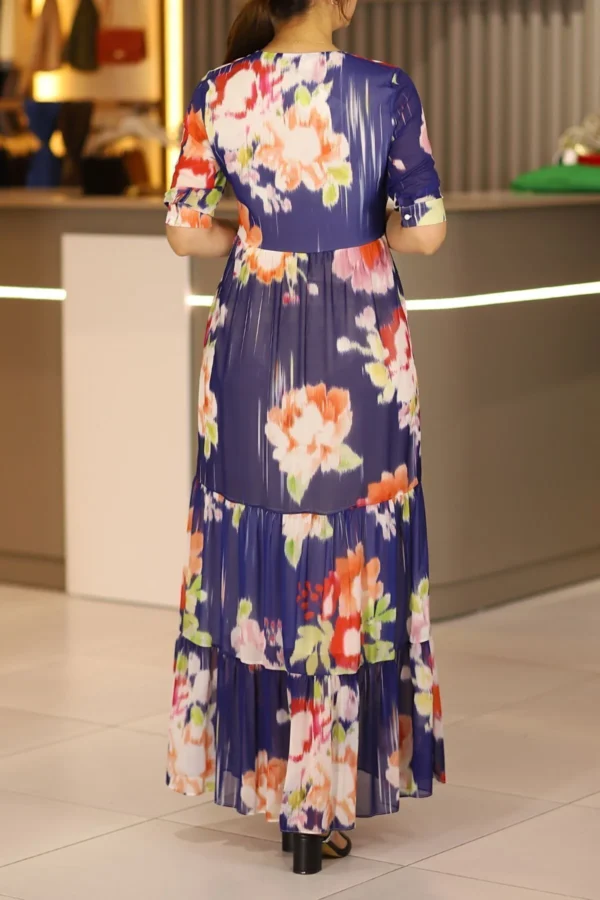 Mavi Uzun Boy Kısa Kol Kruvaze Yaka Şifon Elbise Günlük Gece Ofis Nişan Düğün Kına