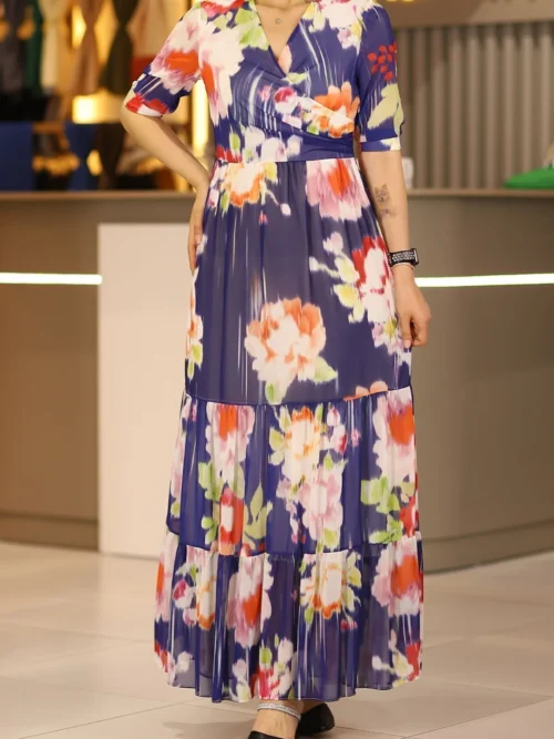 Mavi Uzun Boy Kısa Kol Kruvaze Yaka Şifon Elbise Günlük Gece Ofis Nişan Düğün Kına