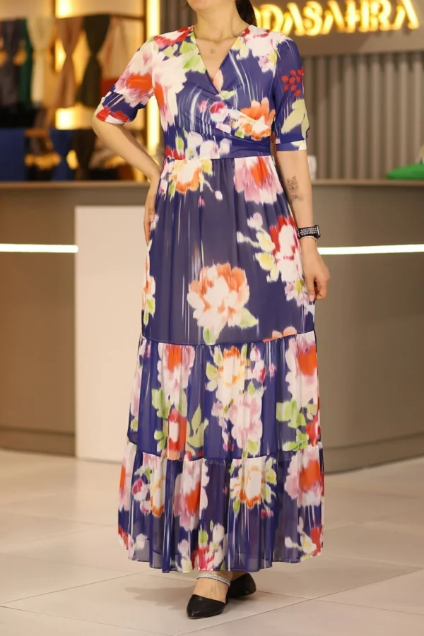 Mavi Uzun Boy Kısa Kol Kruvaze Yaka Şifon Elbise Günlük Gece Ofis Nişan Düğün Kına