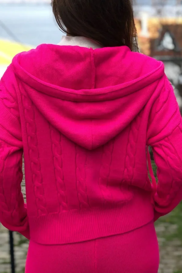 Pembe Fermuar Detaylı Kapüşonlu Hırka Pantolon Triko Ikili Takım