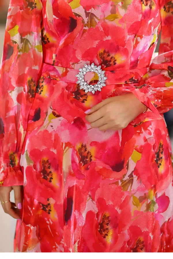 Pembe Uzun Boy Uzun Kol Organze Abiye Düğün Nişan Kına Isteme Söz Kemerli Kloş Elbise