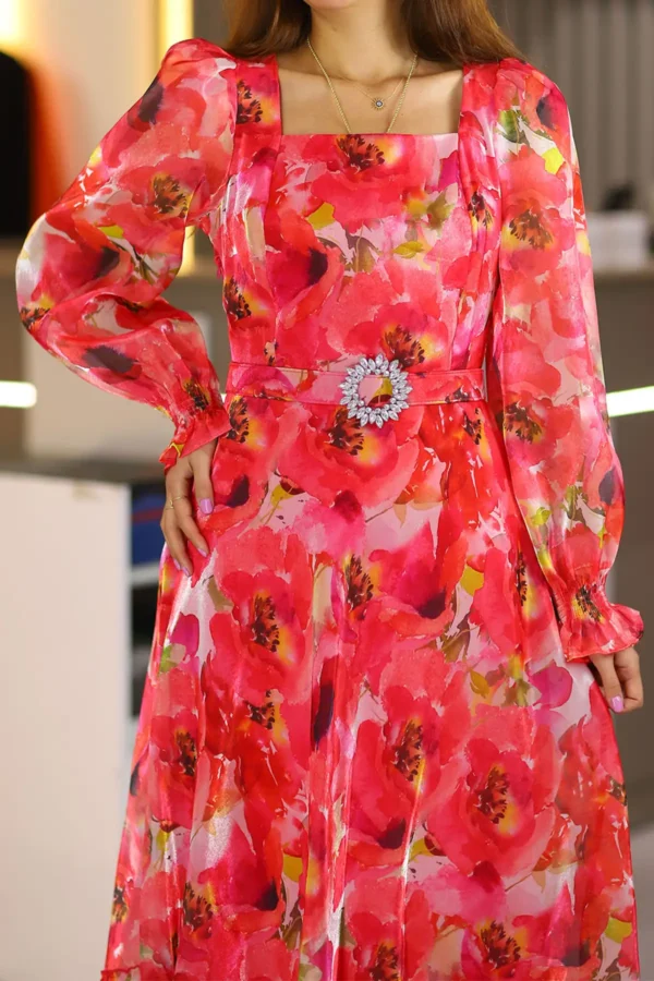 Pembe Uzun Boy Uzun Kol Organze Abiye Düğün Nişan Kına Isteme Söz Kemerli Kloş Elbise