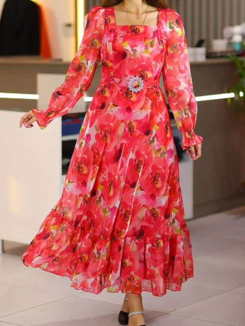 Pembe Uzun Boy Uzun Kol Organze Abiye Düğün Nişan Kına Isteme Söz Kemerli Kloş Elbise