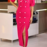 Pembe Yırtmaçlı Düğme Detaylı Sivri Yaka Kısa Kollu Uzun Abiye Kalem Elbise Düğün Nişan Isteme Söz