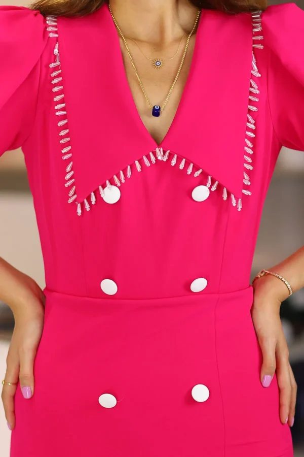 Pembe Yırtmaçlı Düğme Detaylı Sivri Yaka Kısa Kollu Uzun Abiye Kalem Elbise Düğün Nişan Isteme Söz