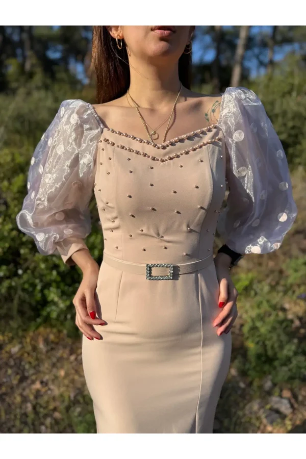 Pudra Pembe Organze Balon Kollu Boncuk Detaylı Uzun Boy Abiye Isteme Söz Nikah Nişan Kalem Elbise