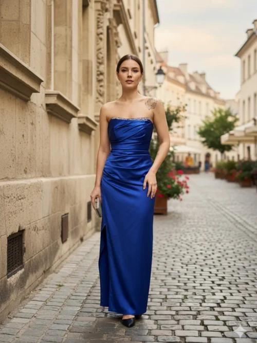 Saks Mavi Yırtmaçlı Taş Detaylı Maxi Boy Straplez Saten Abiye Elbise Düğün Davet Gece Nişan Isteme