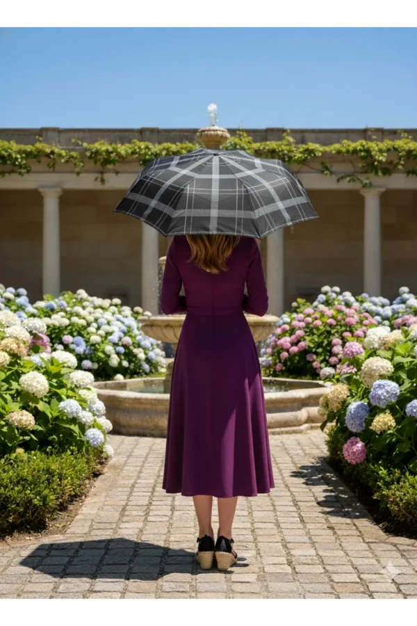 Siyah 8 Telli Tam Otomatik Rüzgara Dayanıklı Ekose Desenli Şemsiye