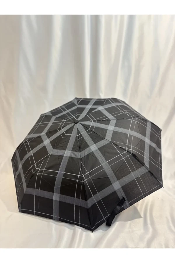 Siyah 8 Telli Tam Otomatik Rüzgara Dayanıklı Ekose Desenli Şemsiye
