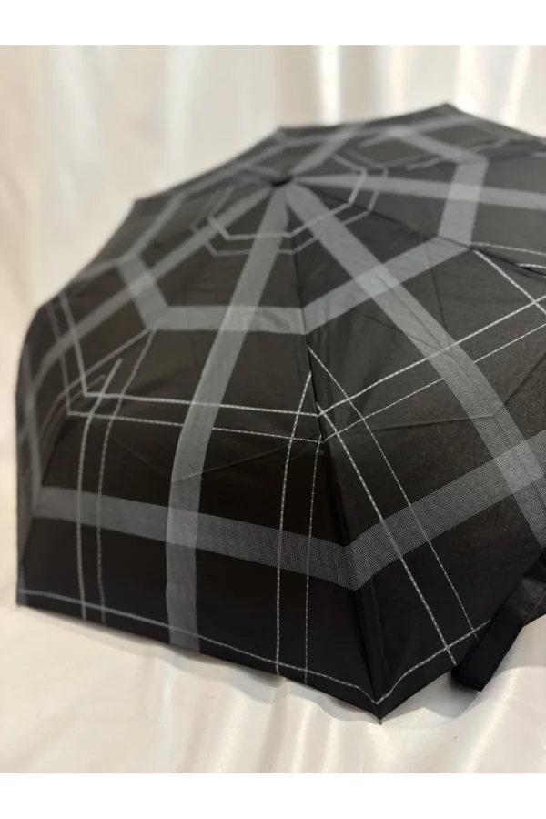 Siyah 8 Telli Tam Otomatik Rüzgara Dayanıklı Ekose Desenli Şemsiye