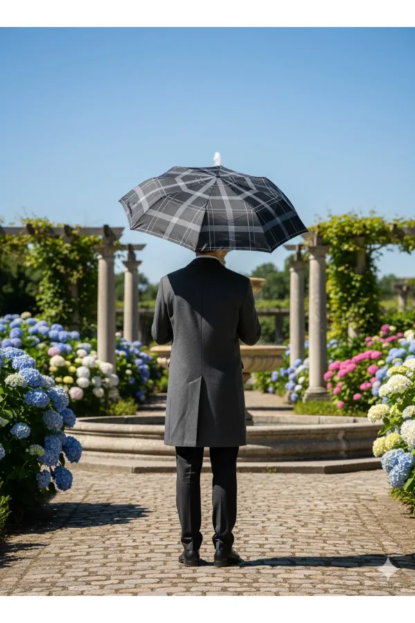 Siyah 8 Telli Tam Otomatik Rüzgara Dayanıklı Ekose Desenli Şemsiye