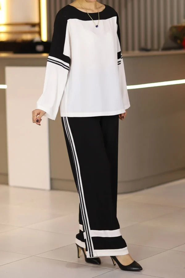 Siyah Beyaz Taş Detaylı Büyük Beden Abiye Klasik Ikili Takım Günlük Gece Düğün Davet Mevlüt