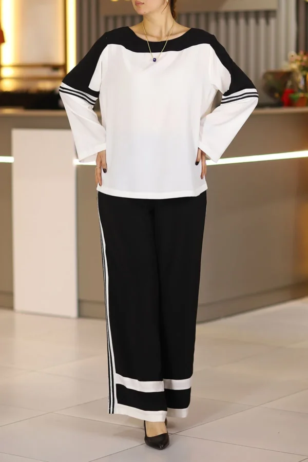 Siyah Beyaz Taş Detaylı Büyük Beden Abiye Klasik Ikili Takım Günlük Gece Düğün Davet Mevlüt