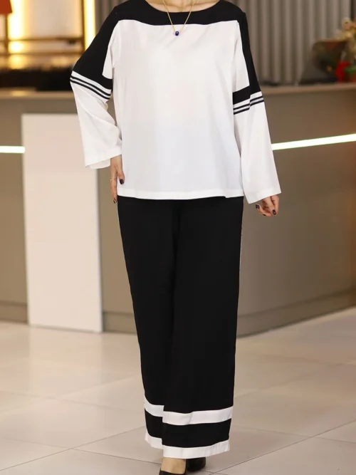 Siyah Beyaz Taş Detaylı Büyük Beden Abiye Klasik Ikili Takım Günlük Gece Düğün Davet Mevlüt