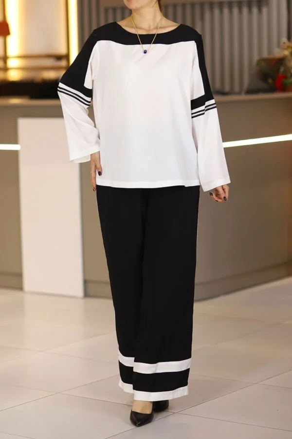 Siyah Beyaz Taş Detaylı Büyük Beden Abiye Klasik Ikili Takım Günlük Gece Düğün Davet Mevlüt