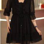 Siyah Dantel Detay Fırfırlı Truvakar Kol Şifon Mini Kloş Elbise Düğün Kına Nişan Parti Ofis Günlük