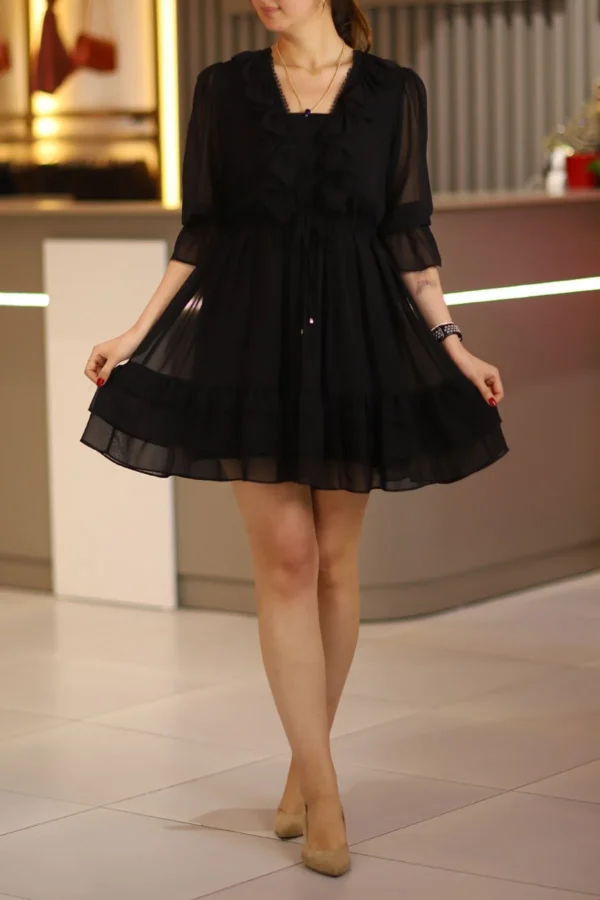 Siyah Dantel Detay Fırfırlı Truvakar Kol Şifon Mini Kloş Elbise Düğün Kına Nişan Parti Ofis Günlük