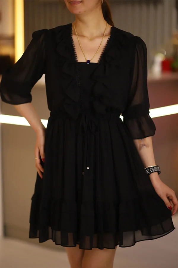 Siyah Dantel Detay Fırfırlı Truvakar Kol Şifon Mini Kloş Elbise Düğün Kına Nişan Parti Ofis Günlük