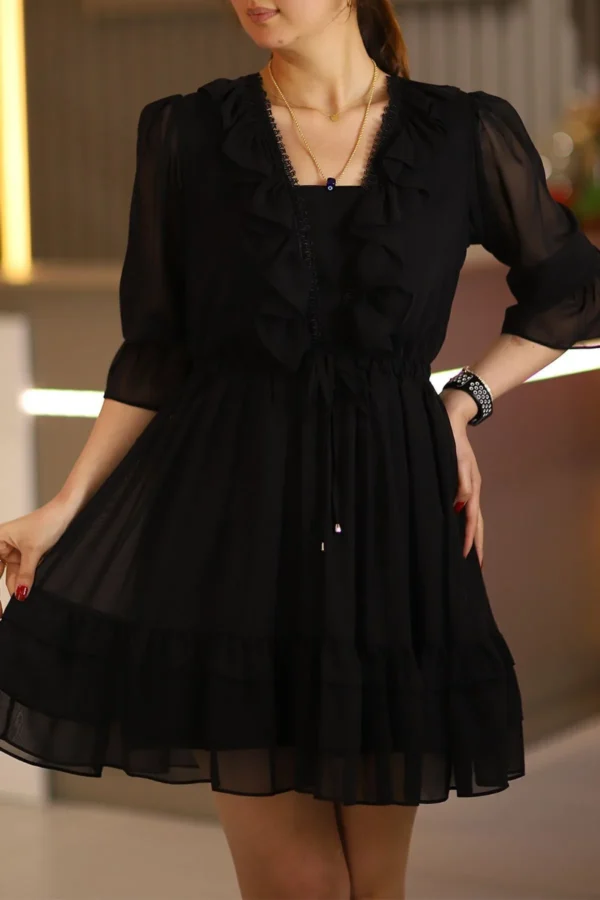 Siyah Dantel Detay Fırfırlı Truvakar Kol Şifon Mini Kloş Elbise Düğün Kına Nişan Parti Ofis Günlük