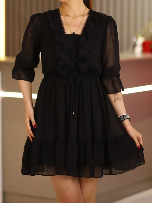 Siyah Dantel Detay Fırfırlı Truvakar Kol Şifon Mini Kloş Elbise Düğün Kına Nişan Parti Ofis Günlük