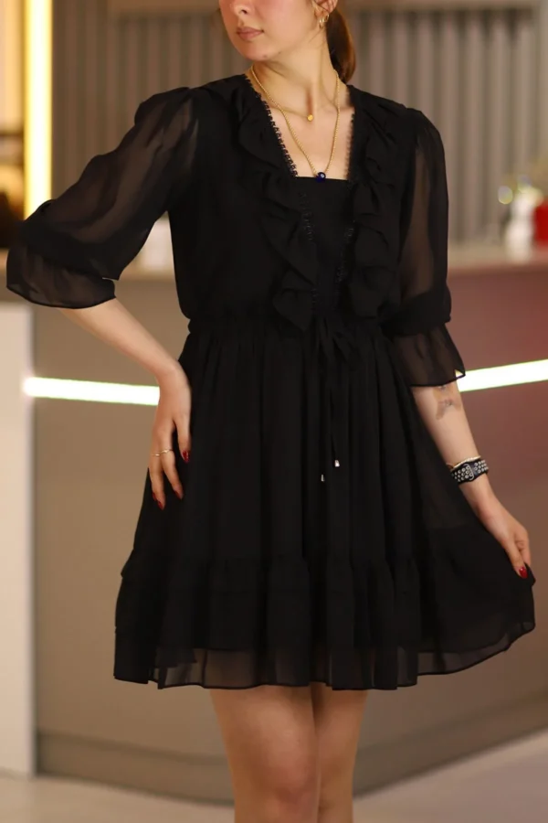 Siyah Dantel Detay Fırfırlı Truvakar Kol Şifon Mini Kloş Elbise Düğün Kına Nişan Parti Ofis Günlük