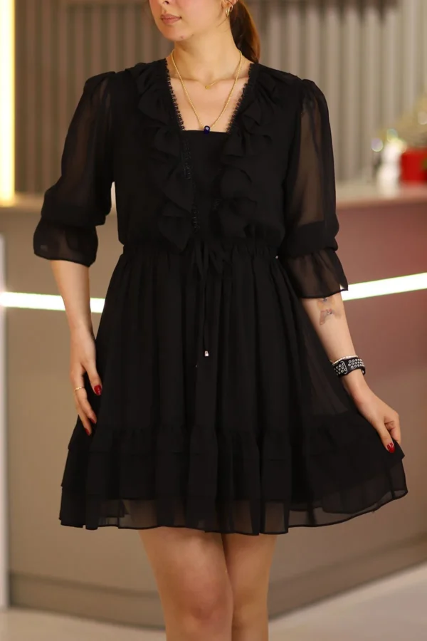 Siyah Dantel Detay Fırfırlı Truvakar Kol Şifon Mini Kloş Elbise Düğün Kına Nişan Parti Ofis Günlük