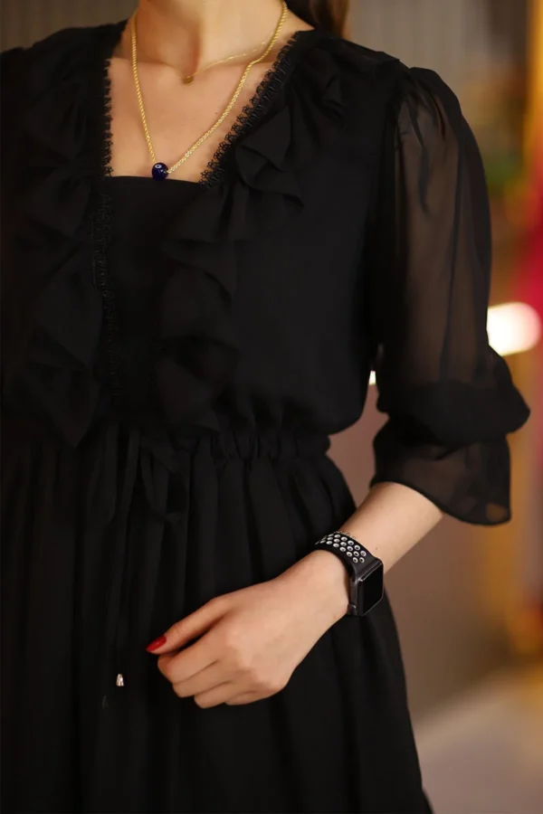 Siyah Dantel Detay Fırfırlı Truvakar Kol Şifon Mini Kloş Elbise Düğün Kına Nişan Parti Ofis Günlük