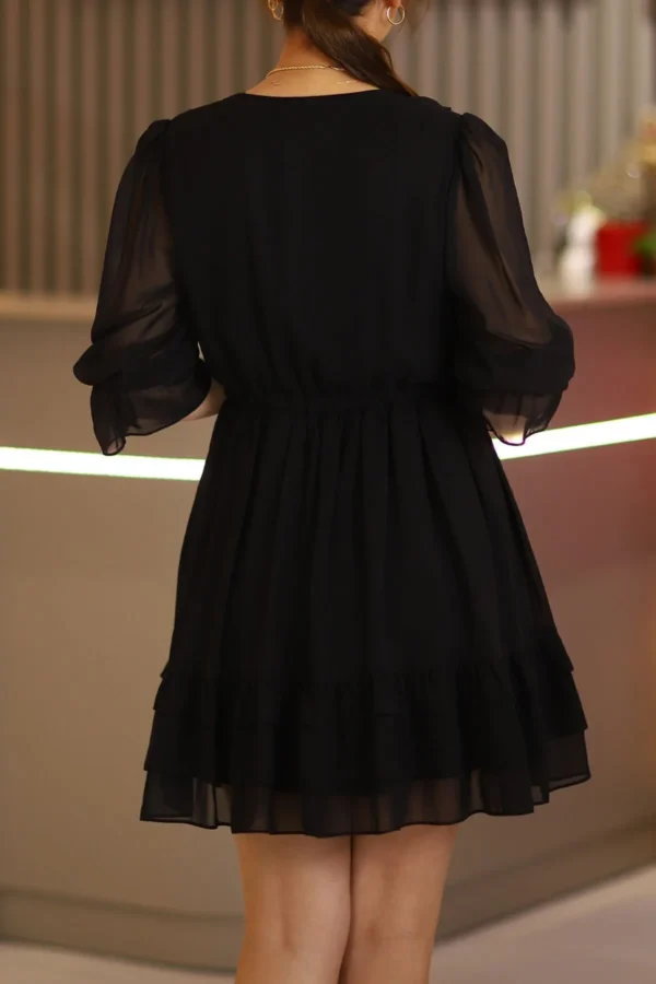Siyah Dantel Detay Fırfırlı Truvakar Kol Şifon Mini Kloş Elbise Düğün Kına Nişan Parti Ofis Günlük