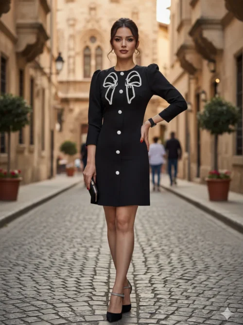 Siyah Dar Kalıp Fiyonk Desenli Düğmeli Günlük Akşam Ofis Kısa Kalem Elbise