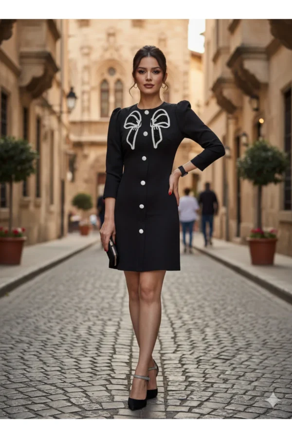 Siyah Dar Kalıp Fiyonk Desenli Düğmeli Günlük Akşam Ofis Kısa Kalem Elbise