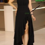 Siyah Derin Yırtmaçlı Uzun Fırfırlı Kolsuz Abiye Elbise Düğün Kına Nişan After Parti Abiye - siyah