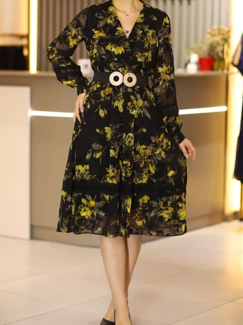 Siyah Midi Boy Dantel Detaylı Uzun Kol Şifon Elbise