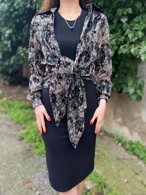 Siyah Midi Boy Kadife Detay Gömlekli Fitilli Örme Kumaş Kalem Elbise