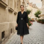 Siyah Midi Boy Kruvaze Yaka Tamamı Dantel Astarlı Kloş Abiye Düğün Nişan Kına Gece Davet Elbise