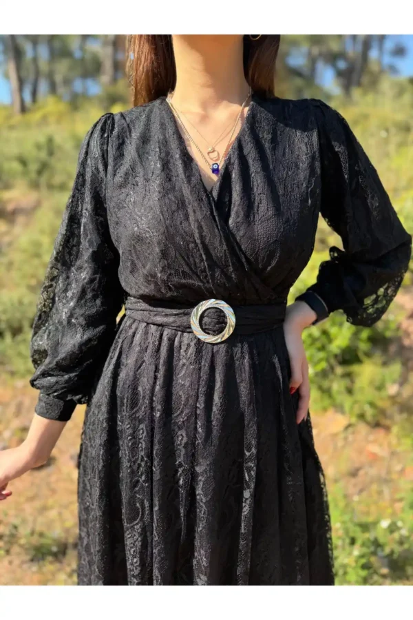 Siyah Midi Boy Kruvaze Yaka Tamamı Dantel Astarlı Kloş Abiye Düğün Nişan Kına Gece Davet Elbise