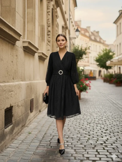 Siyah Midi Boy Kruvaze Yaka Tamamı Dantel Astarlı Kloş Abiye Düğün Nişan Kına Gece Davet Elbise