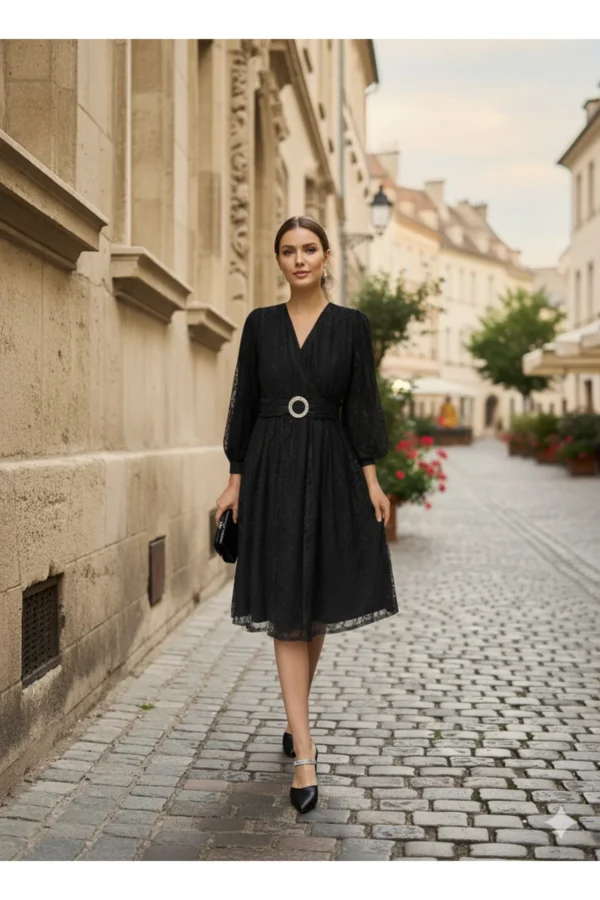 Siyah Midi Boy Kruvaze Yaka Tamamı Dantel Astarlı Kloş Abiye Düğün Nişan Kına Gece Davet Elbise