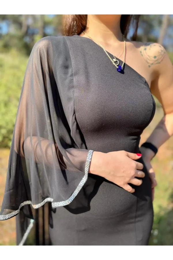 Siyah Midi Boy Pelerin Kollu Tasarım Abiye Düğün Davet Gece Nişan Kına Isteme Söz Kalem Elbise