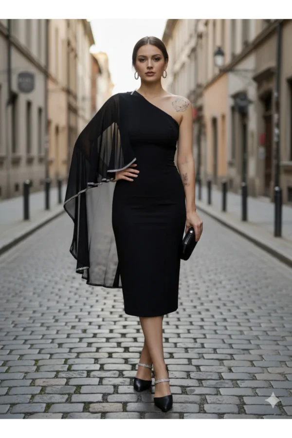 Siyah Midi Boy Pelerin Kollu Tasarım Abiye Düğün Davet Gece Nişan Kına Isteme Söz Kalem Elbise