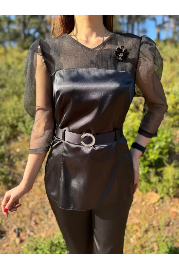 Siyah Organze Kollu Büyük Beden Saten Abiye Gece Düğün Davet Nişan Ofis Ikili Takım