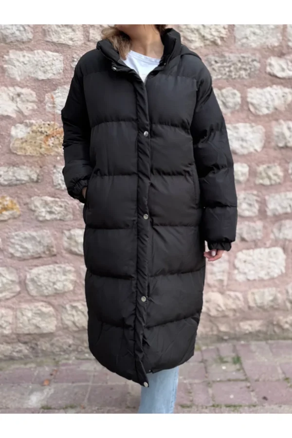 Siyah Uzun Boy Basic Şişme Mont Tesettür Mont