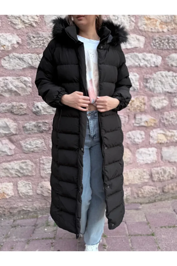 Siyah Uzun Boy Kapüşonu Kürklü Şişme Mont Tesettür Mont